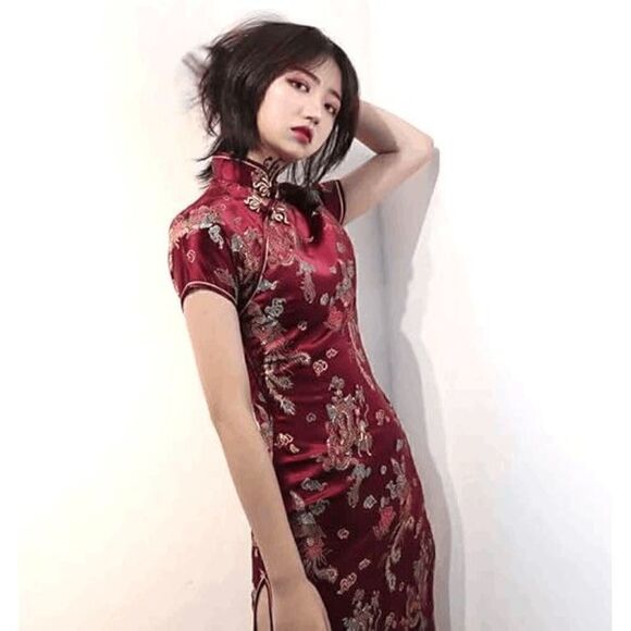 🐉 Mandarin Collar Cheongsam Chinese Dragon Print Side Slits Qipao Dress S NEW - Picture 5 of 16